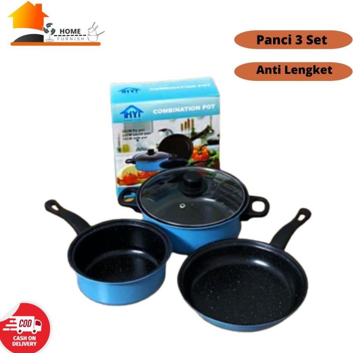 Gambar Diskon Panci Set 3 In 1 Wajan Teflon Stainless Steel Cookware Set Anti Lengket Panci Isi 3 Free Penutup Kaca Panci Kukus Fry Pan Anti Lengket - Blue dari Puspac Koleksi undefined Tokopedia