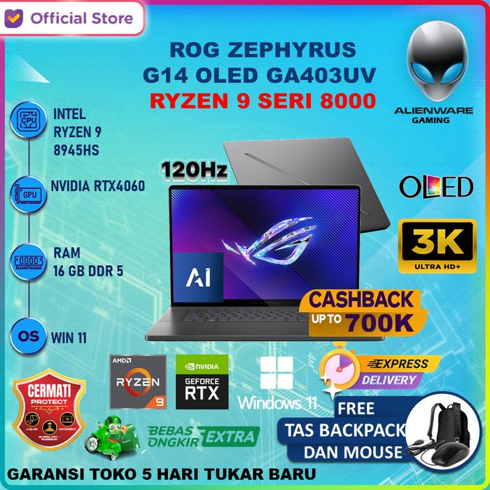 Gambar ASUS ROG ZEPHYRUS G14 OLED GA403UV RYZEN 9 8945HS RTX4060 8GB/ 16GB 1TB W11 14" 3K 120HZ - UNIT dari ALIENWARE GAMING STORE undefined Tokopedia