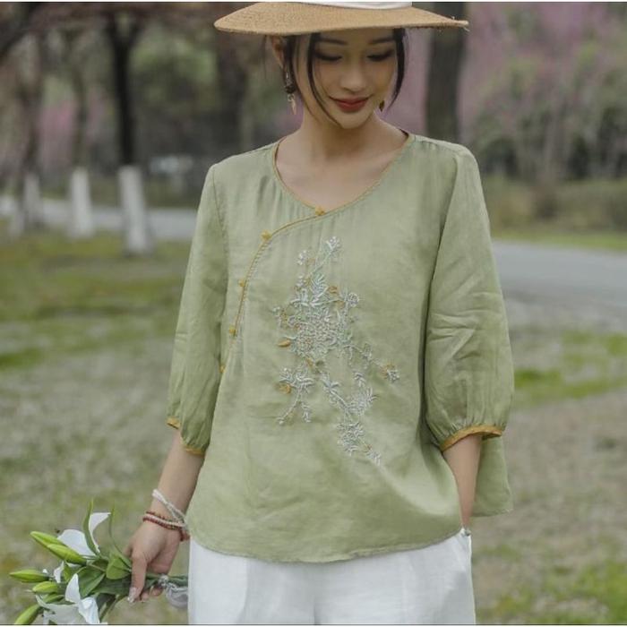 Gambar Baju Atasan Wanita Bahan Katun Linen Terbaru Blouse Import Motif Bordir Bluse Chinese - Hijau, M dari Supersallee undefined Tokopedia