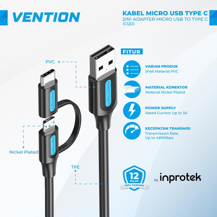 Gambar Vention Kabel Data Micro USB Type C Multi-Charging Cabang for Android - USB 2in1 - CQD, 2 Meter dari Inprotek undefined Tokopedia