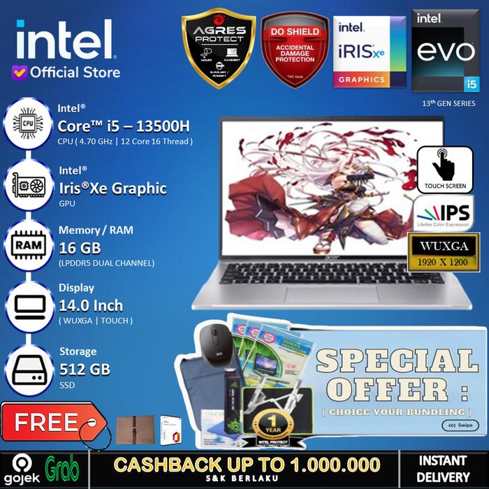 Gambar ACER Swift GO 14 Touch EVO - I5 13500H 16GB 512SSD IrisXe 14" WUXGA FP - Non Bundle, 512 GB dari INTEL STORE ID undefined Tokopedia