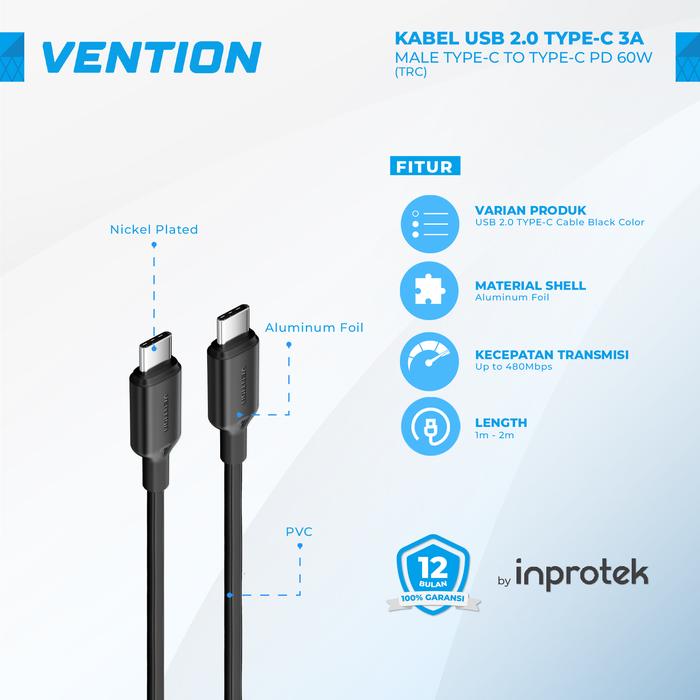 Gambar Vention Kabel Data Type C Fast Charging USB-C PD Charger 60W Android iPhone - PVC - Black, 2 Meter dari Inprotek undefined Tokopedia