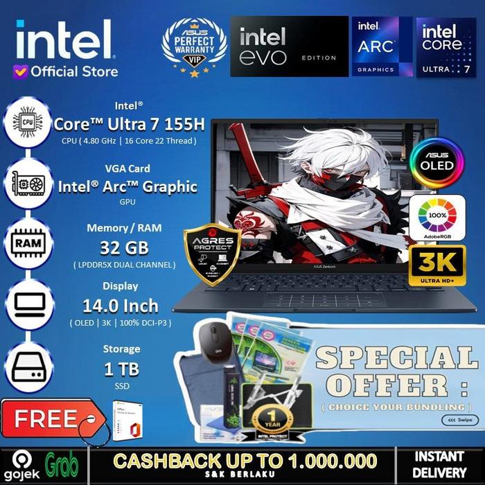 Gambar Asus Zenbook 14 Oled UX3405MA EVO - Core Ultra 7 155H 32G 1TB 3K 120Hz - Non Bundle, Windows 11 HOME dari INTEL STORE ID undefined Tokopedia