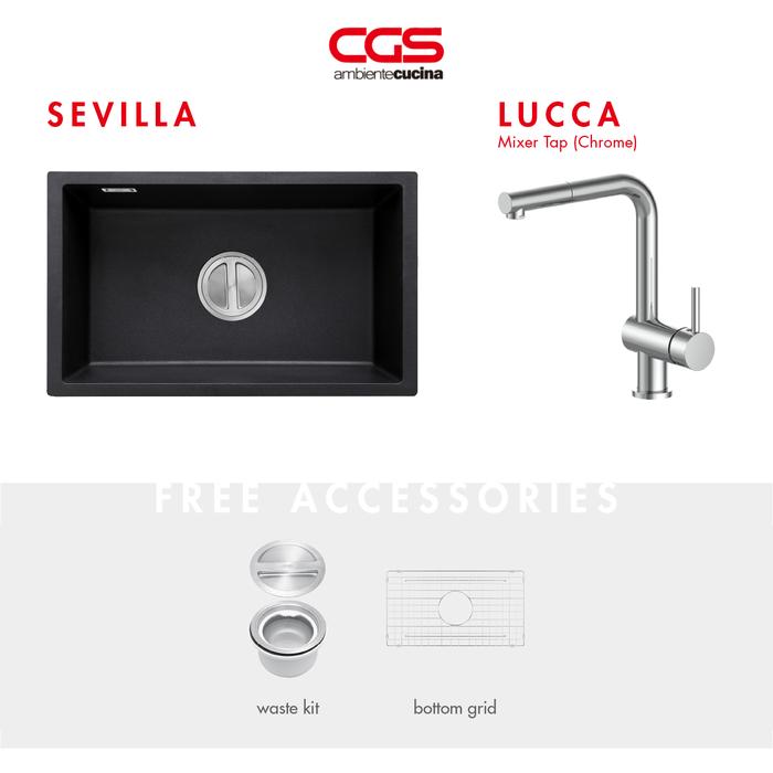 Gambar Kitchen Sink Bak Cuci Piring Dapur Granit 1 Lubang CGS SEVILLA Rockgranite Sink - Paket Sink dan Keran Air Dapur 2 - BLACK-CHROME dari CGS Indonesia undefined Tokopedia