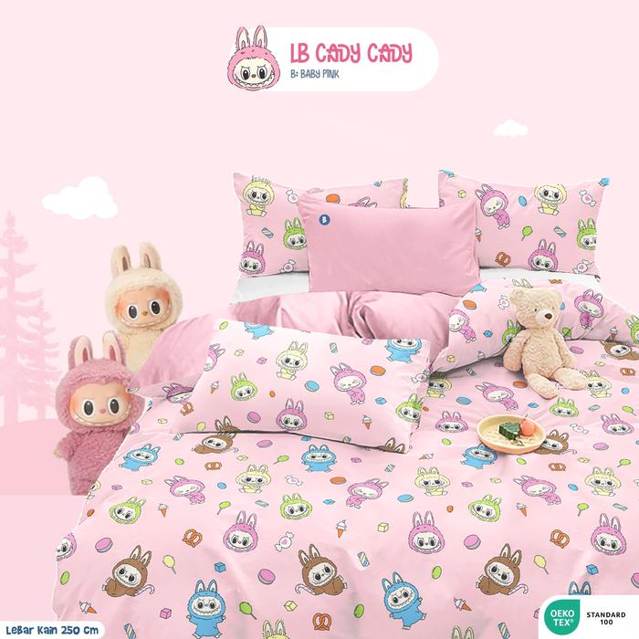 Gambar Kain Katun CVC Ecer Sprei Anak per 0.50 m Labubu Candy Pink dan Biru - Merah Muda dari KangFanWen undefined Tokopedia