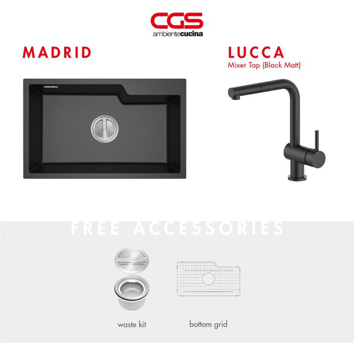 Gambar Kitchen Sink Bak Cuci Piring Dapur Granit 1 Lubang CGS MADRID Rockgranite Sink dan CGS LUCCA dengan Selang Tarik - Paket Sink dan Keran Dapur - Pemasangan Topmount - ALL BLACK dari CGS Indonesia undefined Tokopedia