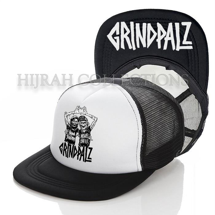 GRINDPALZ Topi Snapback jaring/Trucker DISTRO Topi Musik band punk metal  rock HItam PutihVo2
