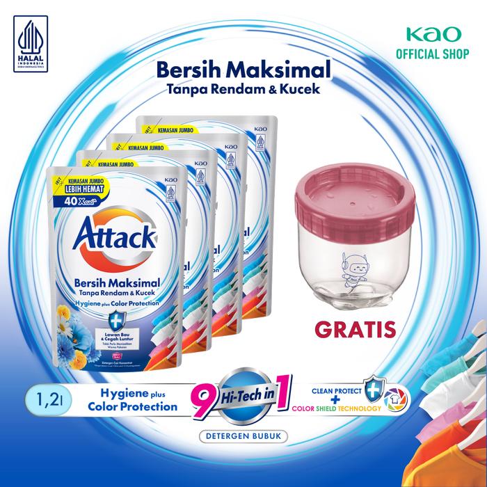 Gambar Attack Hygiene Plus 1200ml Fourpack + Gift - Deterjen Cair - ToplesInterlock dari KAO Indonesia undefined Tokopedia