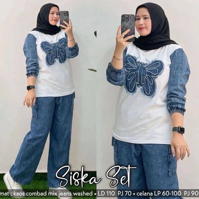 Gambar Baju Setelan Wanita Muslim Siska Set Celana Jeans Katun Combed Polos Kupu Cantik Fashion Perempuan Dewasa Remaja Cewek Putri Ibu Kerja Modern Terbaru Pakaian Muslimah Busana Santai Sehari hari Modis Simple Nyaman Kekinian Jalan Gaul Viral Rumahan Kuliah - White dari EVLYN OLSHOP undefined Tokopedia