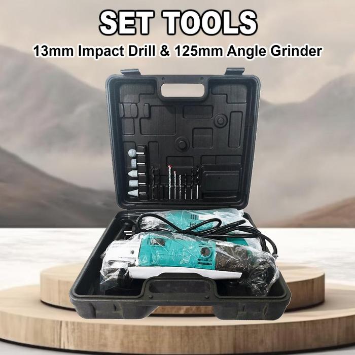 Gambar ADA READY Mesin Bor Dan Gerinda Set 2in1 Include Tool Kits Koper Impact Drill & Angle Grinder | Alat Pemotong Potong Bor Tangan Beton Besi Kayu Tembok 13mm (G10C1)/ Paket Pertukangan tools Berkualitas - Set Bor dari POWERINDO TEKNIK undefined Tokopedia