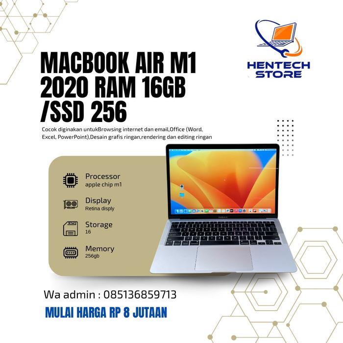 Macbook Air M1 Chip 2020 Memory 16GB SSD 256GB Build in Retina Display  13,3inch ready terbatas 8/128