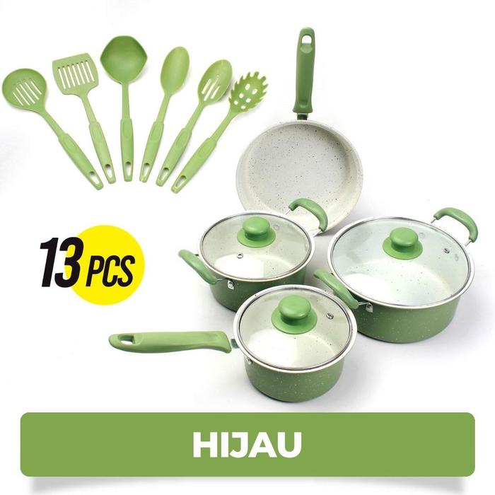Gambar READY!!! Bebehome Peralatan Masak Lengkap 13 Pcs dalam 1 set | Cookware Panci Set | Wajan Penggorengan Spatula Set Isi 13Pcs | 1 Set Frypan Saucepan - HIJAU PUTIH, 13PCS 1SET dari TECHNO SMART ID undefined Tokopedia