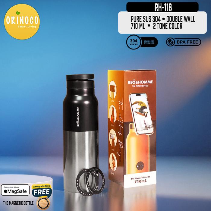 Gambar New Design Tumbler RH-118 Vacuum Flask Stainless Pure SUS304 With Tripod Phone Holder + Ring Magnetic Bottle 710ML - Black Silver dari Kioslunchbox bogor undefined Tokopedia