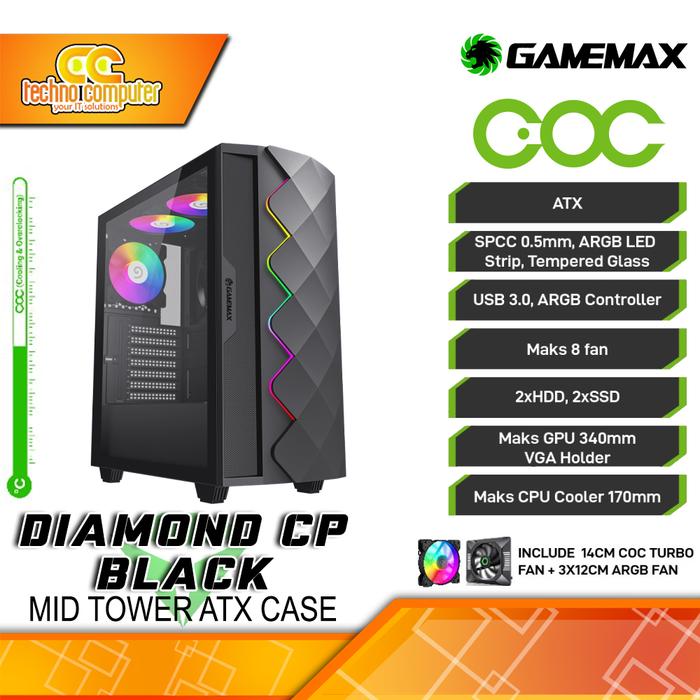 Gambar CASING GAMEMAX DIAMOND CP - Mid Tower ATX Case Tempered Glass (Free 3x ARGB Fan) - Hitam dari Techno Computer Bali undefined Tokopedia