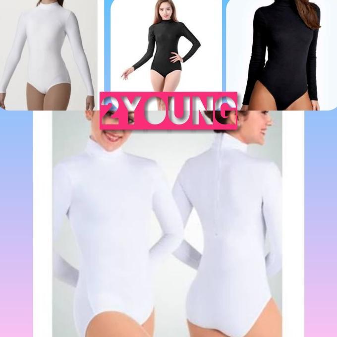 Gambar Baju Senam Balet Dewasa Leotard Tangan Panjang Turtleneck Sreting - Putih, S dari shaquille Kids Shop undefined Tokopedia