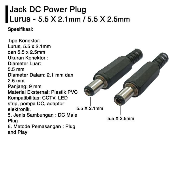 Gambar Konektor Connector Colokan Barel Jack Power Supply DC Male Plug 5.5 MM x 2.1 MM Lubang Kecil 5.5 MM x 2.5 MM Lubang Besar Right Angle L Shape - Lurus 5.5x2.1MM dari Glodok123 undefined Tokopedia