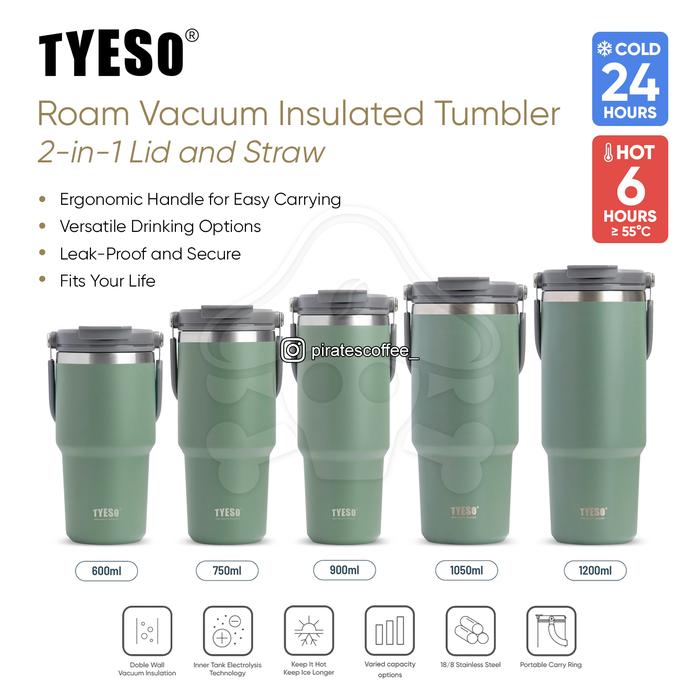 Gambar Tyeso Roam Tumbler Portable 2in1 Lid and Straw Vacuum Insulated Stainless 600ml 750ml 900ml 1050ml 1200ml | Botol Air Minum Kopi Teh | Water Coffee Tea Thermos Cup - Green, 600ml dari Timemore Authorized undefined Tokopedia