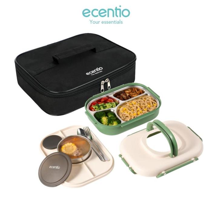 Gambar ADA PRODUK ecentio 4 Sekat Kotak Makan Set 1100ml anti tumpah Lunch Box Set Stainless sendok free tempat sup - hijau box+tas dari ONE TECHNO ID undefined Tokopedia