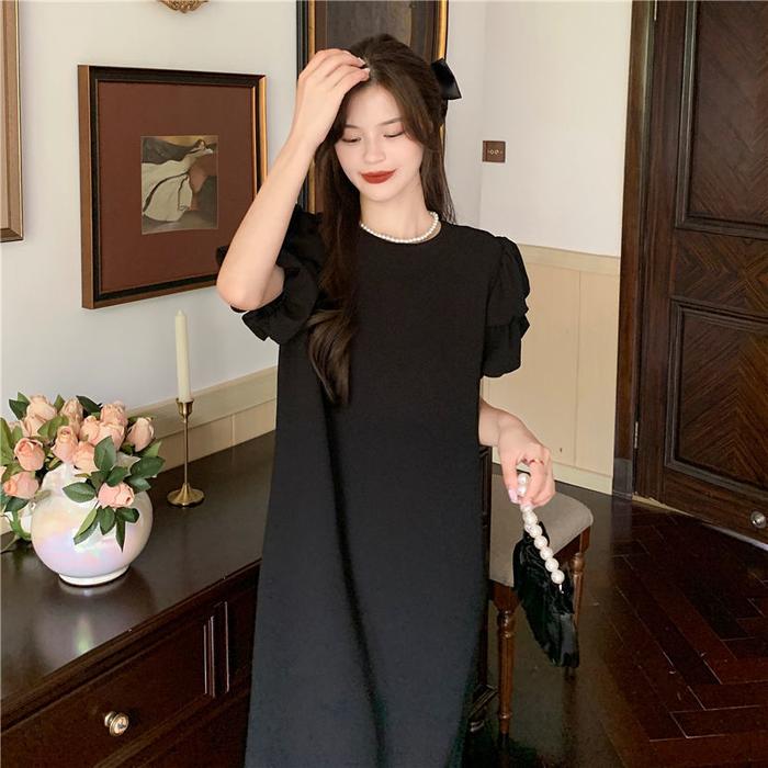 Gambar PAPADI Dress Casual Polos Wanita Lengan Pendek Balon Hitam Hijau Lumut Gaun Midi Basic IB0056 - Hitam, S dari PAPADI Fashion undefined Tokopedia