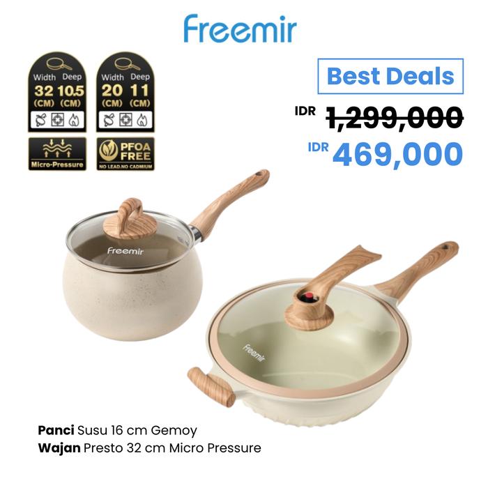 Gambar [BUNDLE] freemir Wajan Presto 32 cm Micro Pressure + Panci Susu 16 cm Gemoy Anti Lengket Multifungsi - Beige dari freemir Electric Official Store undefined Tokopedia