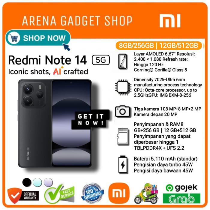 Gambar Xiaomi Redmi Note 14 5G Ram 8/256Gb 12/512Gb 108 MP AI OIS  IP64 Dust/Water-Resist New Garansi Resmi Xiaomi Note 14 Series - Midnight Black, Ram 8/256GB dari ArenaGadgetShop undefined Tokopedia