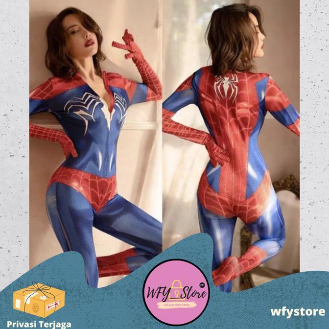 Gambar Stock Ready Sexy Cosplay Kostum Spiderman Slim Fit Full Body Stretch Lingerie Terlaris - Biru Merah dari toko jaya barua undefined Tokopedia