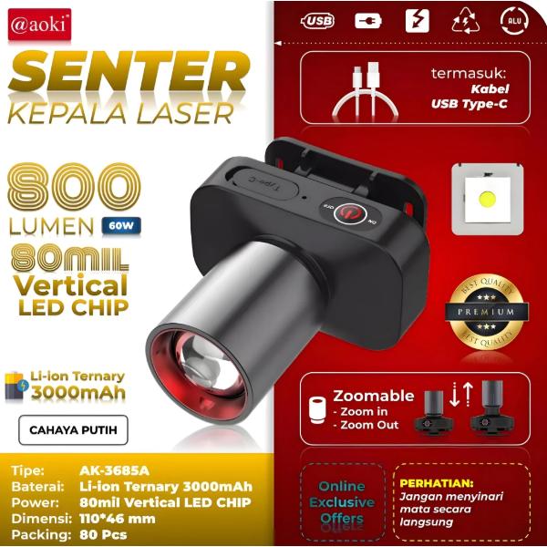 Gambar Aoki Senter Kepala Zoom Head Lamp Led 60 Watt Super Terang  Rechargeable - 3685-A putih dari Langgeng Elektrik undefined Tokopedia
