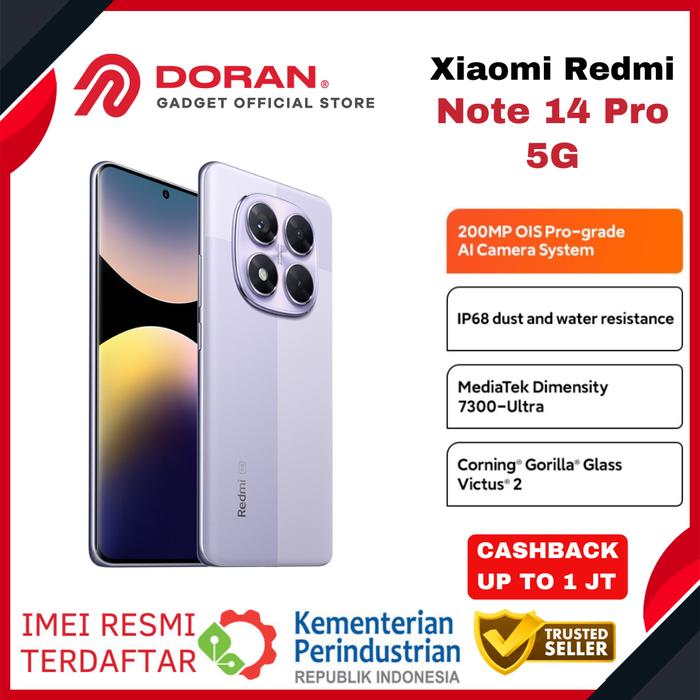 Gambar Xiaomi Redmi Note 14 Pro 5G NFC 5110 mAh MediaTek Dimensity 7300-Ultra Gorilla Victus 2 - Garansi Resmi - Purple, 12/512GB dari Doran Gadget Official Store undefined Tokopedia