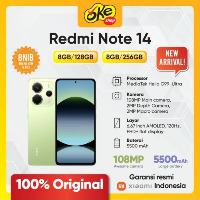 Gambar Xiaomi Redmi Note 14 4G ( Ram 8/128GB /256GB) Garansi Resmi Xiaomi - Green, 8/128GB dari Okeshop Boulevard Mal Panakkukang undefined Tokopedia