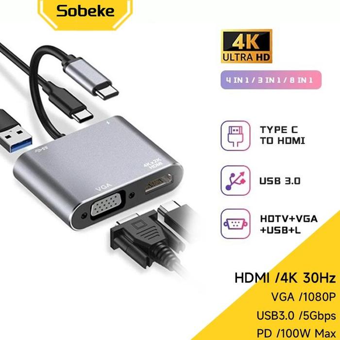 Gambar Sobeke HDMI Adapter 3 IN 1 Type c To HDMI Adapter Type c OTG Hub Hdmi 4k PD 3.1 USB C Hub Converter - 4-in-1 Type C dari Franz Storez undefined Tokopedia