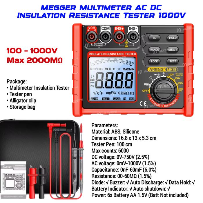Gambar Alat Ukur Resistansi Isolasi Test Megger Insulation Tester Meger Meter - MH15 dari Hantara Tech undefined Tokopedia