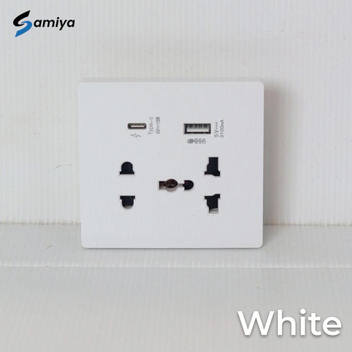 Gambar colokan listrik tembok socket 2in1 USB type A C / stop kontak lengkap - WHITE dari samiya jaya undefined Tokopedia