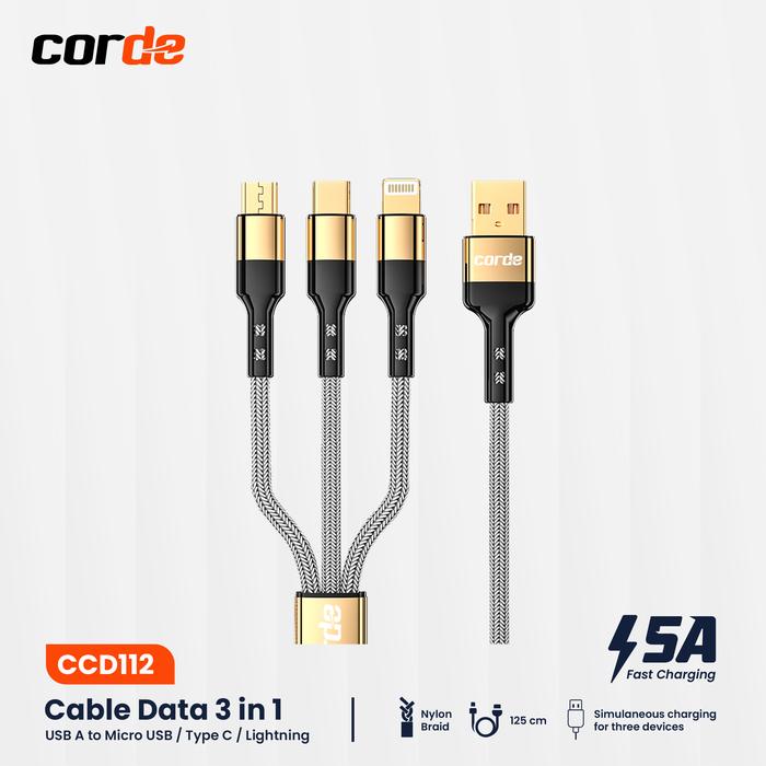Gambar Kabel Data CORDE 3 in 1 Fast Charging 5A Type C Micro USB Lightning Cable Charger Hitam Panjang 1.25m - USB-A Emas dari Corde Indonesia undefined Tokopedia