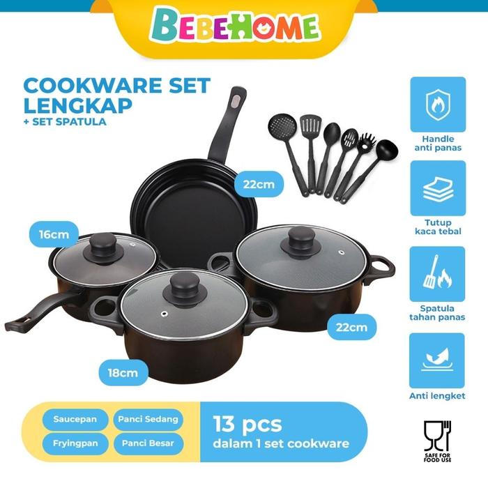 Gambar Terlaris Bebehome Peralatan Masak Lengkap 13 Pcs dalam 1 set | Cookware Panci Set | Wajan Penggorengan Spatula Set Isi 13Pcs | 1 Set Frypan Saucepan - HITAM, 13PCS 1SET dari JATI PERKAKAS undefined Tokopedia