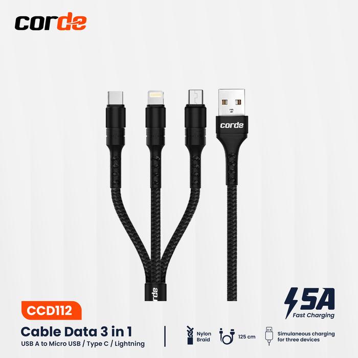 Gambar Kabel Data CORDE 3 in 1 Fast Charging 5A Type C Micro USB Lightning Cable Charger Hitam Panjang 1.25m - USB-A Hitam dari Corde Indonesia undefined Tokopedia