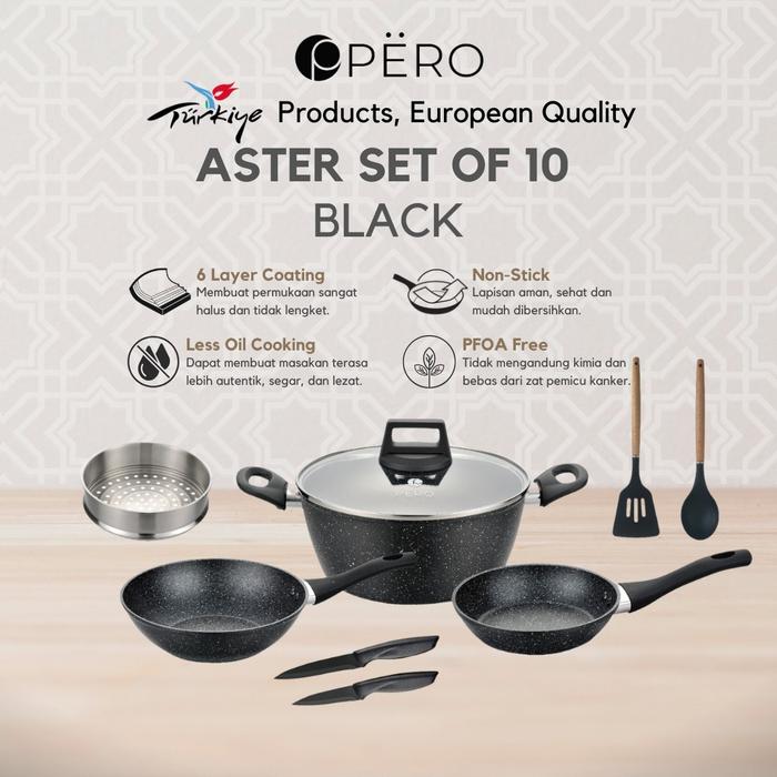 Gambar Pero Aster Granite Cookware Set of 10 Wokpan 24cm, Casserole 24cm, Frypan 18cm / Wajan Set Panci Penggorengan Frypan dengan Tutup Kaca - Black dari Pero Indonesia undefined Tokopedia
