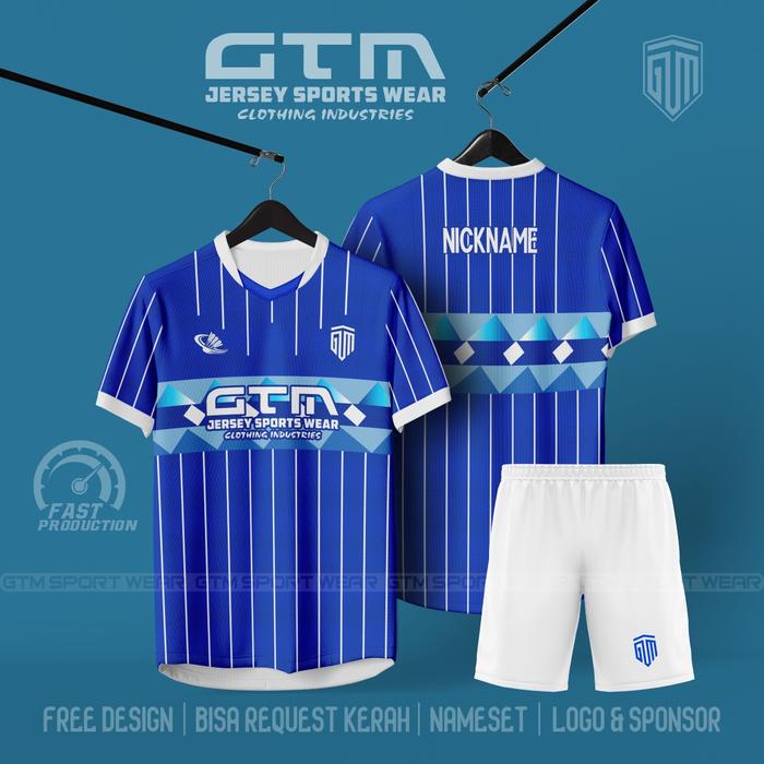 Jual Jersey badminton blue white stripe Kerah Vneck Tumpuk Free