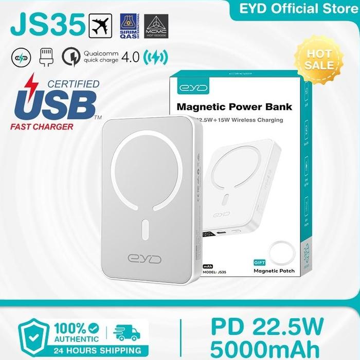 Gambar EYD JS35 5000mAh Magsafe Wireless Powerbank Magnetic PD 22.5W Fast Charging Power Bank Magsafe Original LED Power Display for iPhone and Android INFINIX SAMSUNG HUAWEI XIAOMI - White 5000mAh dari CV ESPRESSO undefined Tokopedia