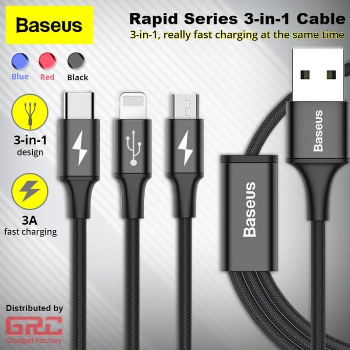 Gambar Baseus Rapid Series 3 in 1 Cable cro Usb + Lightning + Type C 3A - Merah dari Sentra Niaga undefined Tokopedia