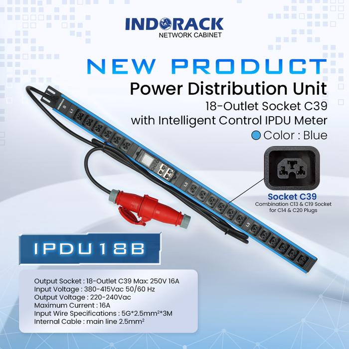 Gambar Indorack Smart PDU 18 Outlet C39 (C13 & C19 Socket) With Headplug 3Pin 2P+e 16A - Biru dari INDORACK IT Networck Cabinet undefined Tokopedia