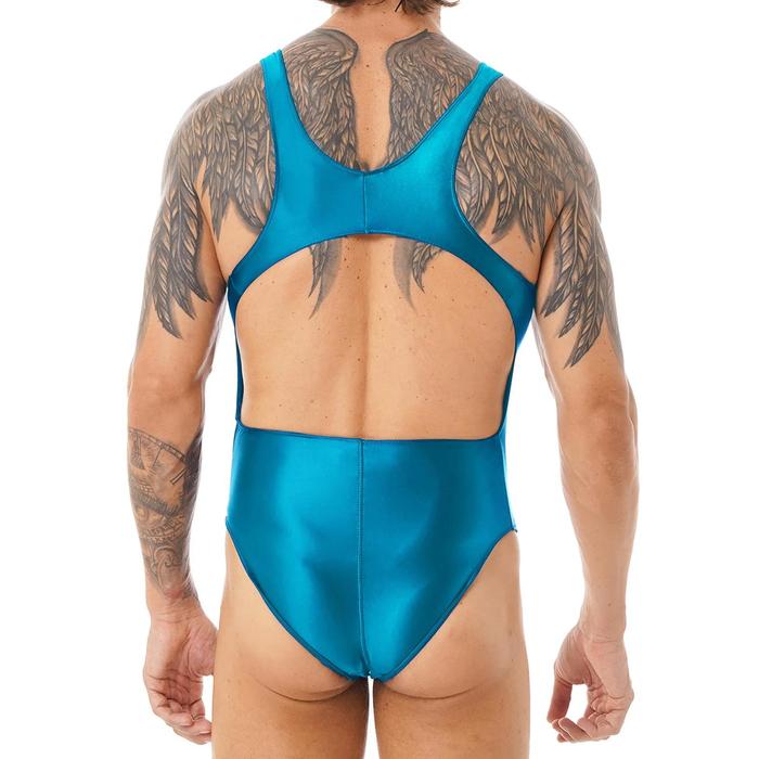 Jual Mens Glossy One-piece Swimsuit Hollow Out Bodysuit Stretchy