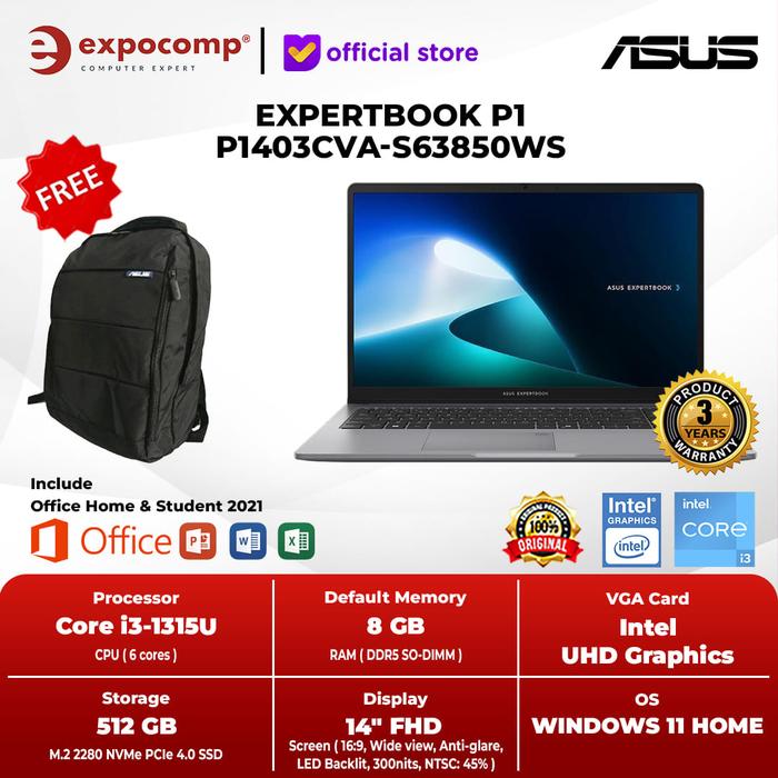 Gambar ASUS EXPERTBOOK P1 P1403CVA-S63850WS INTEL CORE i3-1315U 8GB 512GB WIN 11 + OHS 2O21 - NON BUNDLE, TETAP 8GB dari Expocomp Kota Surabaya Tokopedia