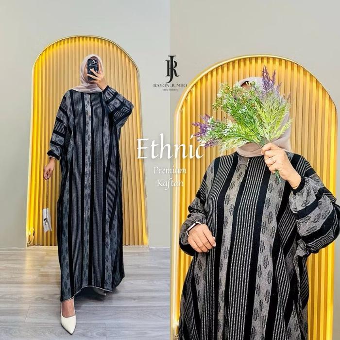 Gambar Ethnic Home Kaftan by Daster Qu Soraya Gamis Kaftan Rayon Jumbo Maksi Kaftan Motif Batik Songket Busui Lengan Panjang Baju Muslimah - Hitam, all size dari Daster Que_NEW undefined Tokopedia