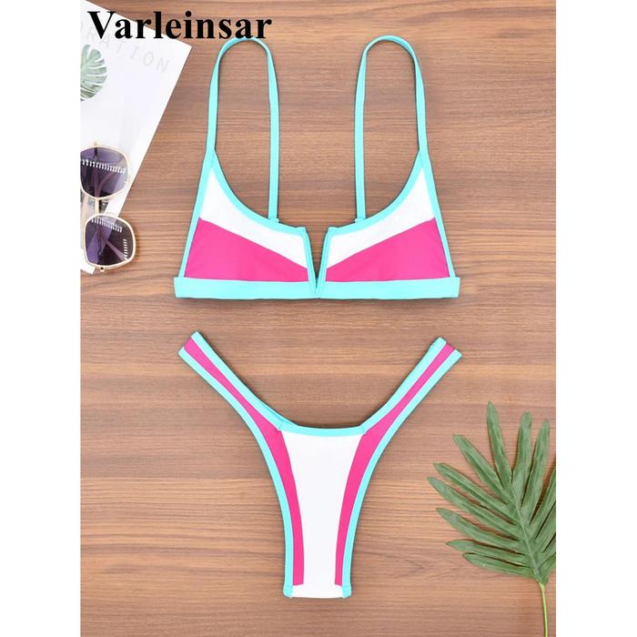 Jual S XL Splicing V Shaped High Leg Cut Bikini Female Swimsuit
