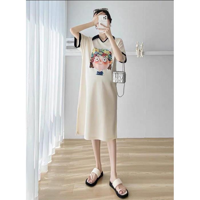 Gambar Dress Ibu Hamil Daster Bumil Cantik Casual Lucu Manis - Cream dari Aurora Angel undefined Tokopedia