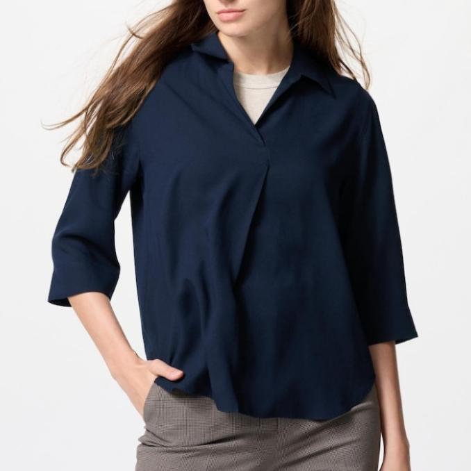 Gambar Kemeja Blouse Blus Rayon Kerah Skipper Putih Hitam Polos Motif Lengan Panjang 3/4 Wanita UNIQLO ORIGINAL - Navy, XL dari Toko Kencana Wungu22 undefined Tokopedia