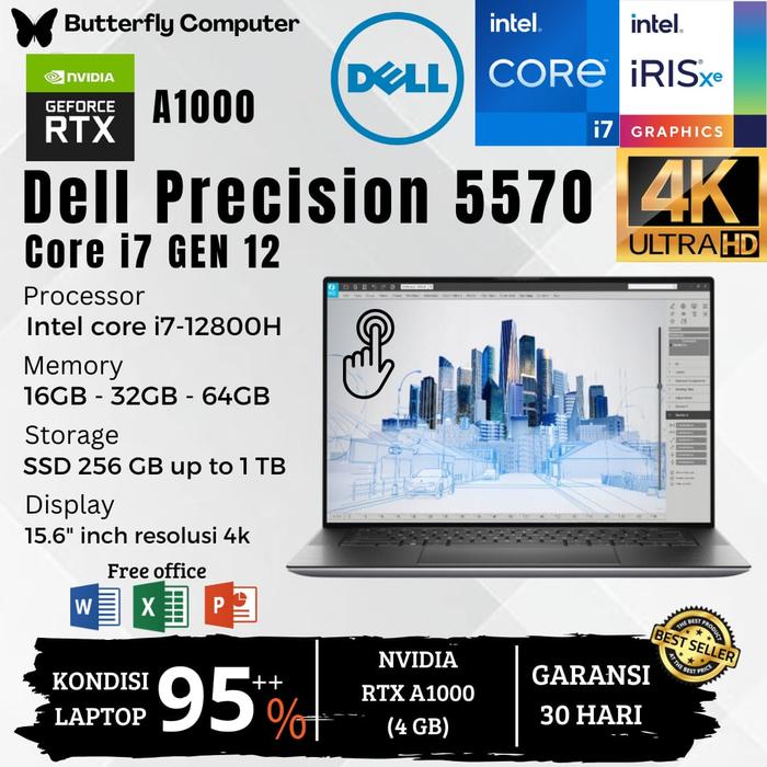 Promo Laptop Dell Precision 5570 core i7 Gen 12 RAM 64 GB SSD TB NVIDIA  RTX A1000 GDDR6 4GB WORKSTATION INCH RESOLUSI 4K TOUCHSCREEN 