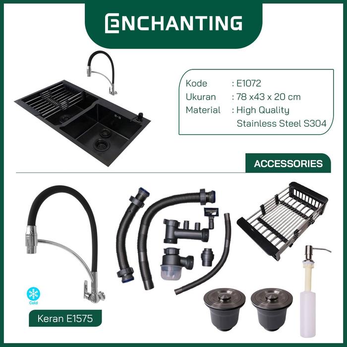 Gambar ENCHANTING Kitchen Sink Set Stainless Steel SS304 2 Bowl Black 78x43 | Bak Wastafel Cuci Piring Keran Kran Dapur Tebal Paket Komplit Hitam Topmount Washtafel SUS304 Double Bowl Under Mount Modern Minimalis 7850 Undermount Minimalis Europe Enchanting E1072 - E1575 dari Enchanting Official Shop undefined Tokopedia