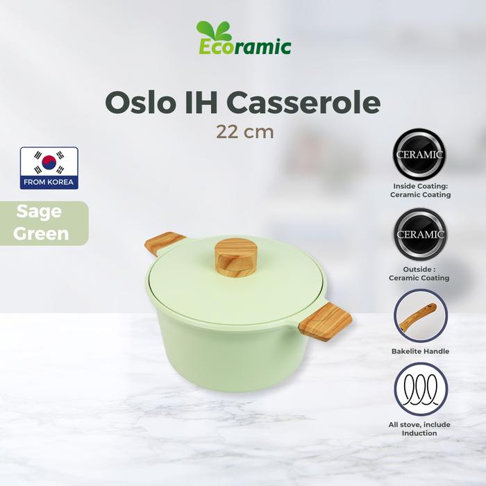 Gambar ECORAMIC OSLO SAGE GREEN SERIES - Panci Induksi Anti Lengket & Gores - Casserole 22cm dari TOKEBI Official undefined Tokopedia