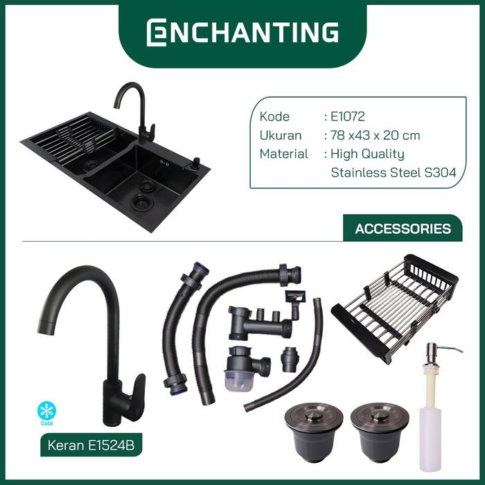 Gambar ENCHANTING Kitchen Sink Stainless Steel SS 304 2 Bowl Black 78x43 | Bak Wastafel Cuci Piring Dapur Tebal Paket Komplit Hitam Topmount Washtafel SUS304 Double Bowl Modern Minimalist 7850 Minimalis Europe Enchanting E1072 - e1524 dari Enchanting Official Shop undefined Tokopedia